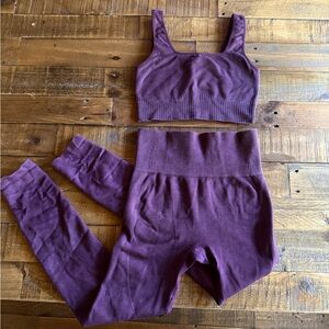 Maroon Ribbed Sports Bra and Leggings Set